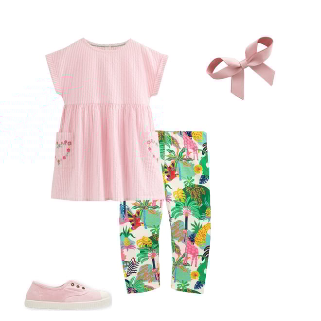 1st bundle featuring 3 items which compliment Short-sleeved woven tunic-Ticking Pink Embroidery