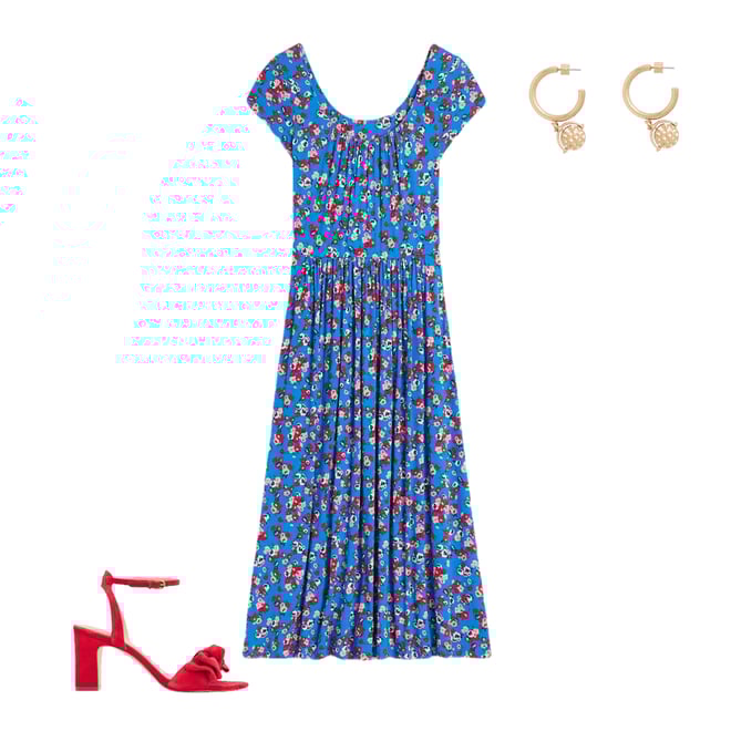 Samantha Scoop Jersey Dress-Cerulean Blue, Painterly Posy