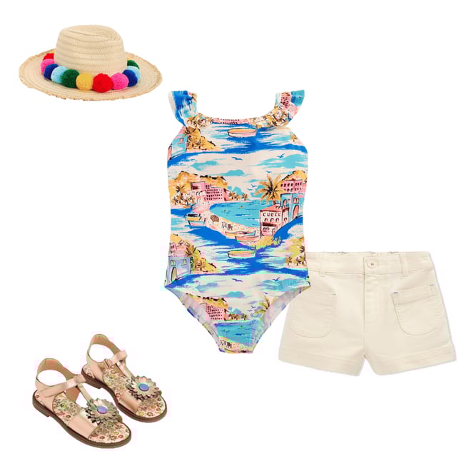 2nd bundle featuring 3 items which compliment Hallie Frill Strap Swimsuit-Multi Coastal Scene