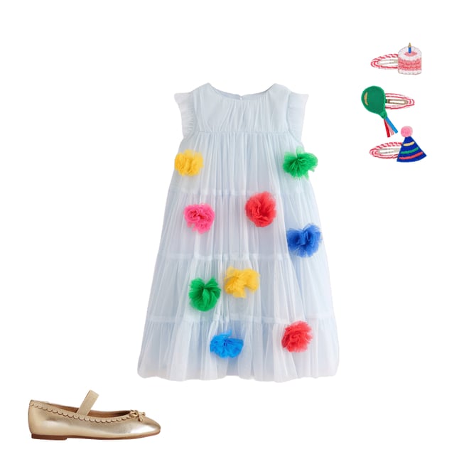 1st bundle featuring 2 items which compliment Rainbow Ombre Tulle Dress-Blue Multi Pom