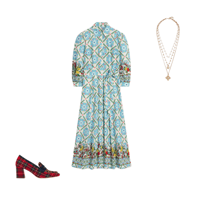 knee length dresses for ladies Clara Linen Blend Shirt Dress-Multi, Citrus Vine Tile
