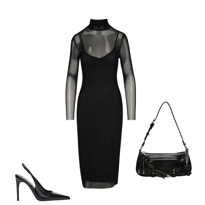 美品！My shawty vivienne sheer sleeve dress VIVIENNE Black Women's Mock Neck Midi Dress – Steve Madden