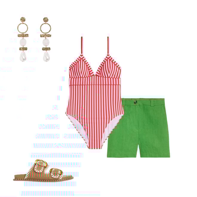 1st bundle featuring 3 items which compliment Kasos String V Neck Swimsuit-Coral Punch/ Ivory Stripe