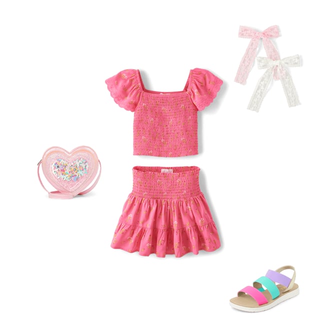 Girls Short Sleeve Floral Smocked Top And Skirt 2-Piece