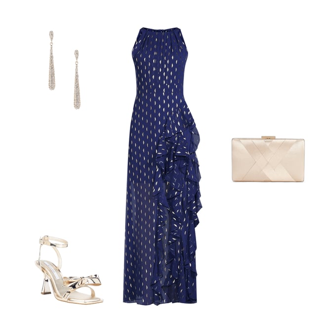 Betsy & Adam Metallic Front Ruffle Slit Halter Neck Sleeveless Gown |  Dillard's