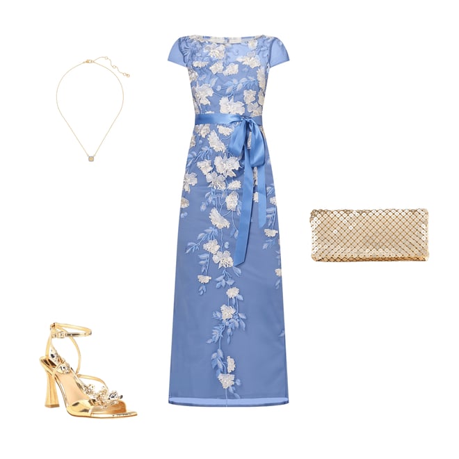 【海外限定】AdriannaPapell ドレス☆Blue Floral Print Embroid Adrianna Papell Cascading Floral Embroidery Illusion Boat