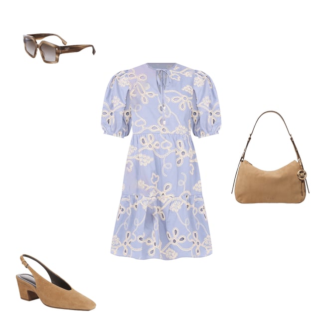 CeCe Woven V-Neck Short Puff Sleeve Floral Embroidered Tiered A