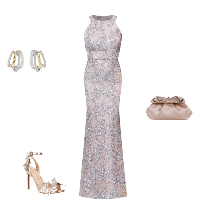 Xscape Petite Size Sleeveless Halter Soutache Lace Gown