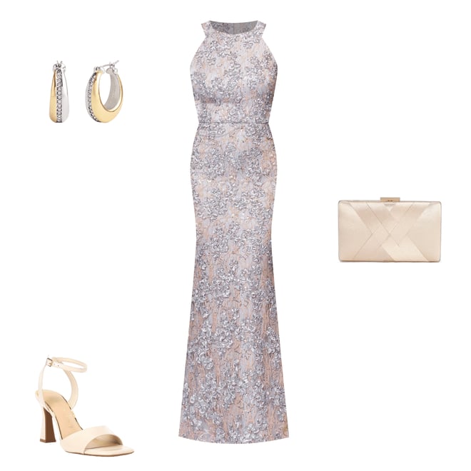 Xscape Petite Size Sleeveless Halter Soutache Lace Gown