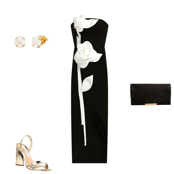 【Mac Duggal】フラワーストラップ付サテンフェイクラップドレス Mac Duggal Strapless 3D Satin Flowers Crepe Sheath Ankle