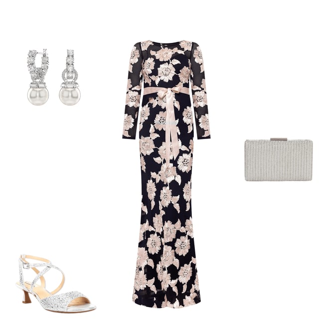 Betsy & Adam Floral Embroidered Mesh Crew Neck Long Sleeve Tie