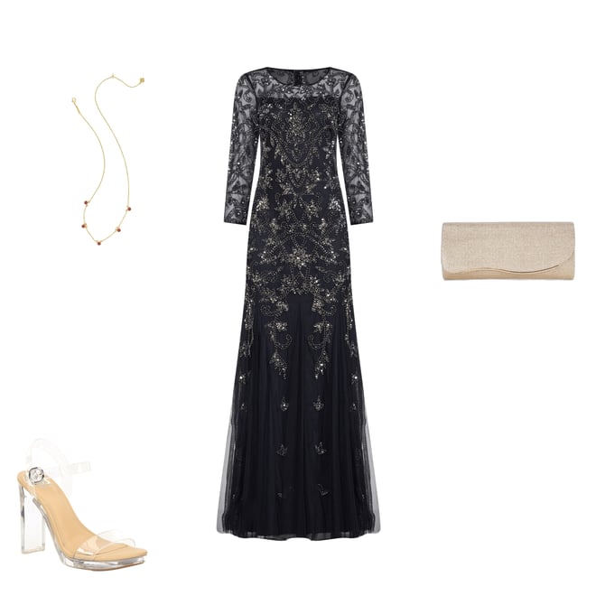 Adrianna Papell Beaded Illusion 3/4 Sleeve Scoop Neck Gown