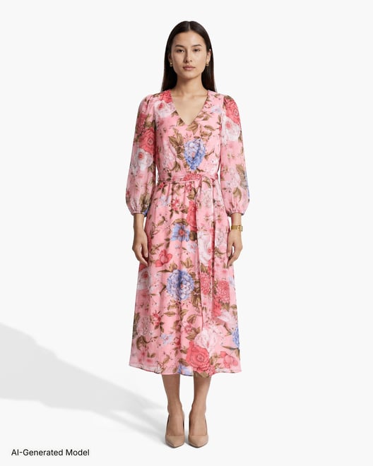 pink floral midi dress with sleeves Romantic Vintage Floral Midi Dress Pink Puff Sleeve Embroidered Dress  Cottagecore A Line Tea Party Dress  Elegant Lace Trim Tencel Dress