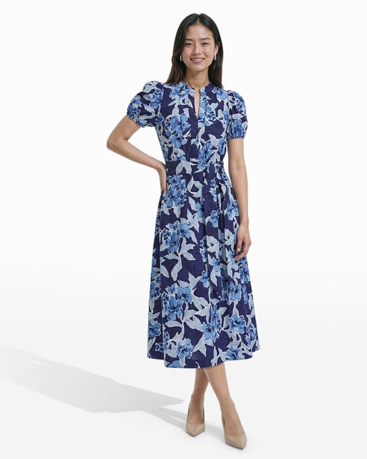 Puff Sleeve A-Line Midi Dress | Anne Klein Santorini Blue MULTI / XL