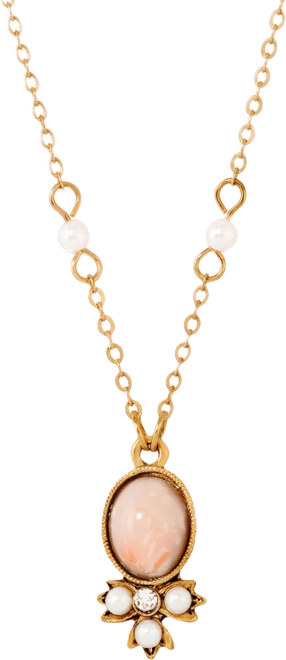 Gold-Tone Peach Color Imitation Pearl and Crystal Drop Necklace
