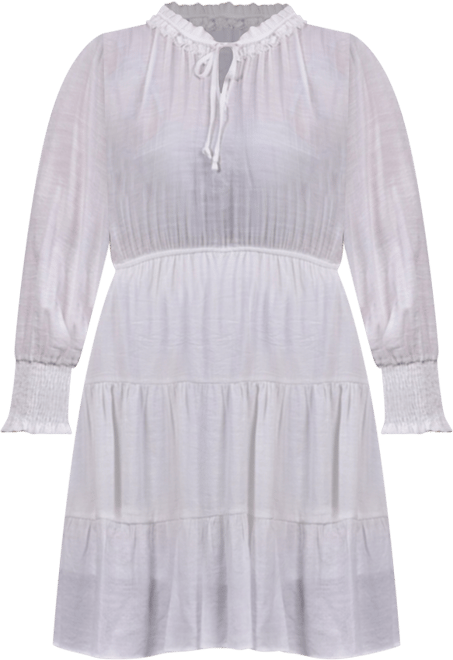 Plus Size Long Sleeve Tiered Dress with Ruffled Neck