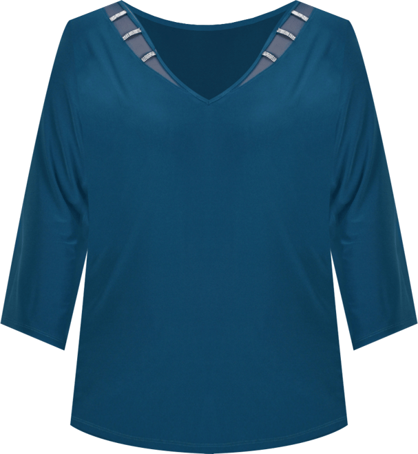 Plus Size Tunic Top with Illusion Neckline and Stones