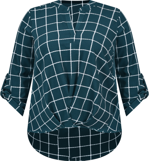 Petite Size 3/4 Push Tab Mandarin Collar Blouse with Front Pleats