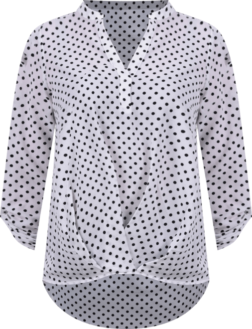 Petite Size 3/4 Push Tab Mandarin Collar Blouse with Front Pleats