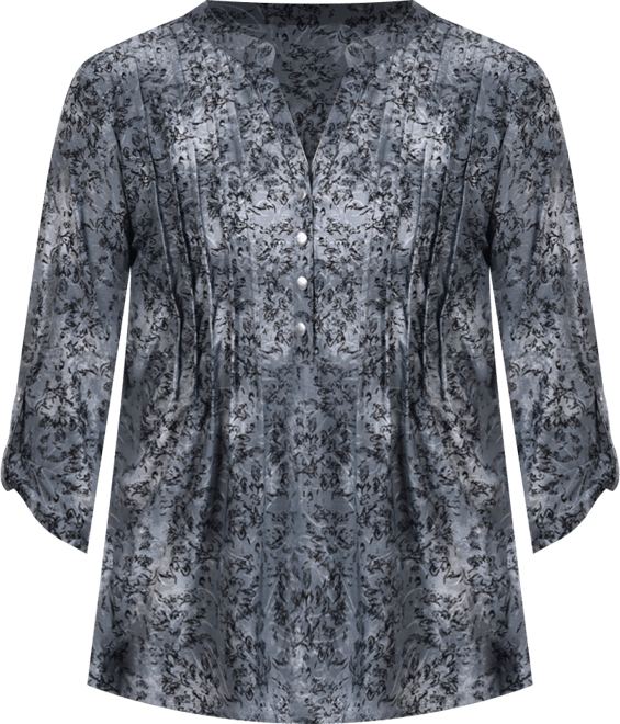 Petite 3/4 Roll Tab Sleeve Printed Pintuck Top