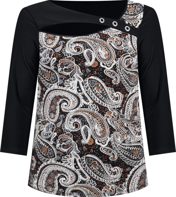 Petite 3/4 Sleeve Puff Print Cutout Top