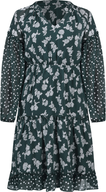 Petite Long Sleeve Combo Chiffon Dress