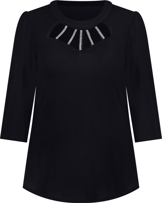 Petite 3/4 Sleeve Top with Neckline Cutouts and Stones