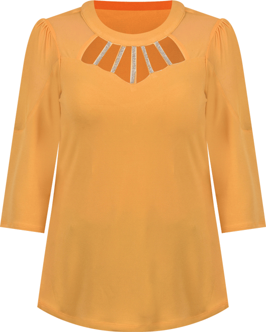 Petite 3/4 Sleeve Top with Neckline Cutouts and Stones