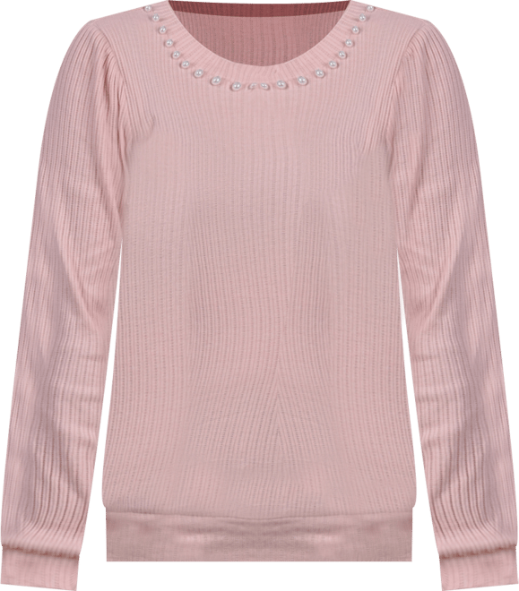 Petite Long Sleeve Ribbed Imitation Pearl Trimmed Top