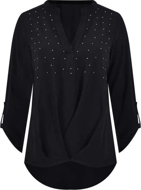 Petite 3/4 Sleeve Mandarin Collar Blouse with Front Pleats