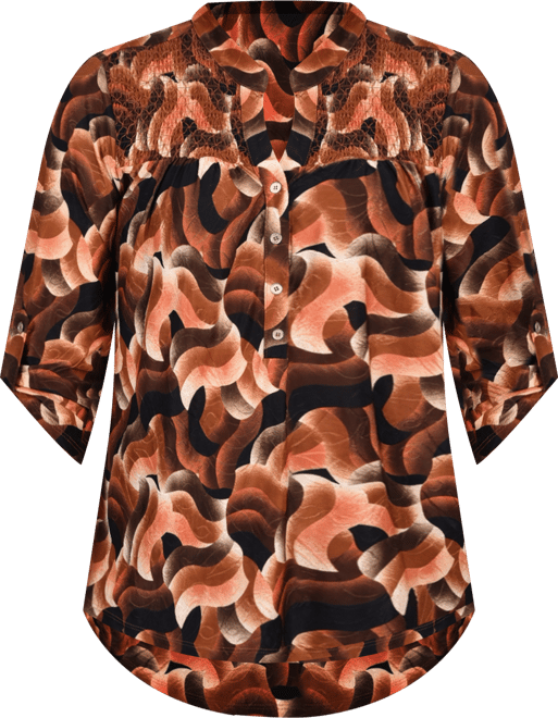 Petite 3/4 Roll Tab Sleeve Smocked-Yoke Top