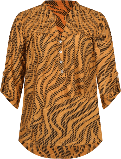 Petite 3/4 Roll Tab Sleeve Smocked-Yoke Top