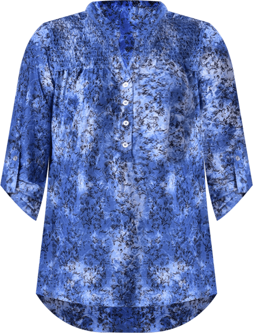 Petite 3/4 Roll Tab Sleeve Smocked-Yoke Top