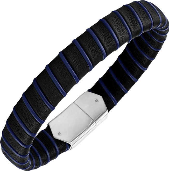 Woven Black & Blue Leather Bracelet in Sterling Silver, Created for Macy's