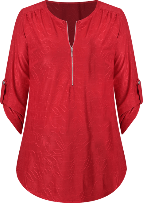 Women's 3/4 Roll Tab Zip Front Jacquard Knit Top