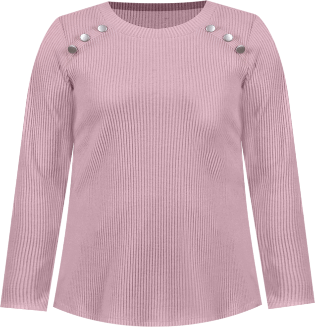 Plus Size Long Sleeve Ribbed Button Detail Top