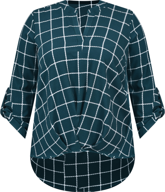 Plus Size 3/4 Sleeve Mandarin Collar Blouse with Front Pleats