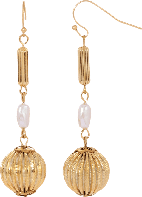 Women's Gold-Tone Round Fluted Bead with Rice Shaped White Imitation Pearl Earrings