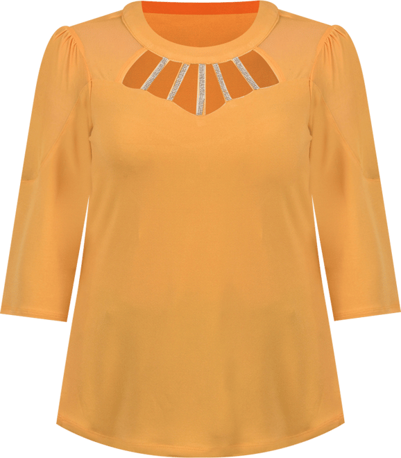 Plus Size 3/4 Sleeve Top with Neckline Cutouts and Stones