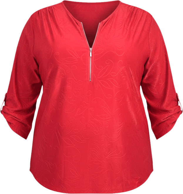 Plus Size 3/4 Roll Tab Zip Front Jacquard Knit Top