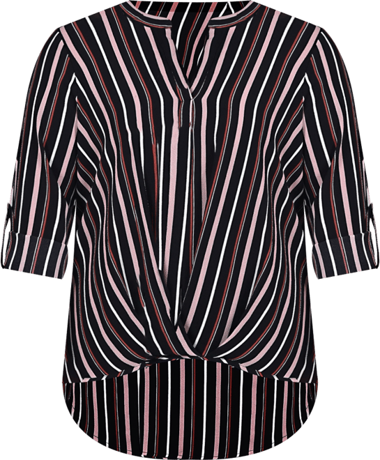 Plus Size 3/4 Sleeve Mandarin Collar Blouse with Front Pleats