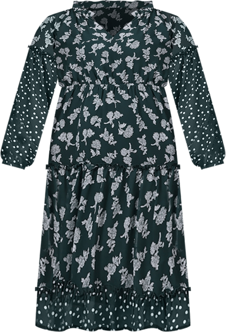 Plus Size Long Sleeve Combo Chiffon Dress