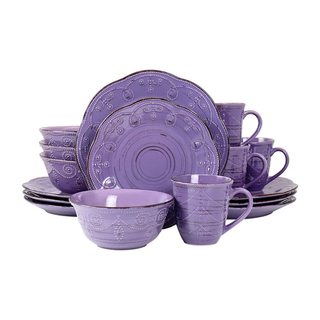 Elama Rustic Birch 16-pc. Stoneware Dinnerware Set, Color: Purple