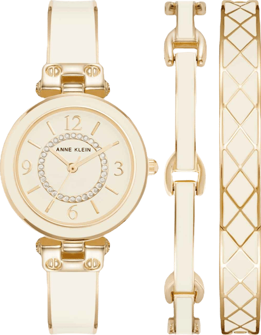 Women's Gold-Tone Alloy Bangle with White Enamel and Crystal Accents Fashion Watch 33mm Set 3 Pieces