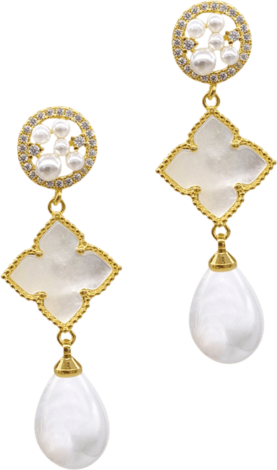 14K Gold-Tone Plated Mother of Pearl Flower, Cultivated Freshwater Pearl Drop and Dangle Earrings