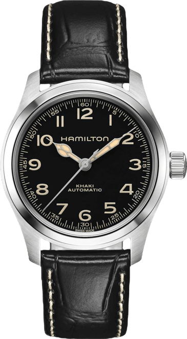 Men's Swiss Automatic Khaki Field Murph Black Leather Strap Watch 38mm