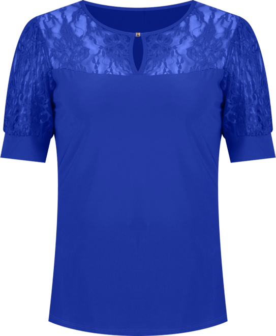 Women's Short Puff Sleeve Top with Lace Sleeves and Yoke