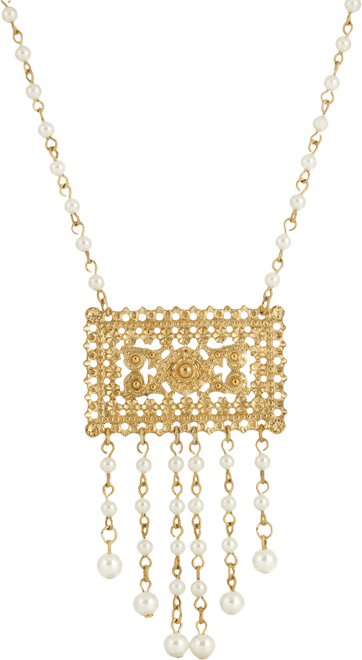 Gold Tone Imitation Pearl Drop Rectangle Necklace