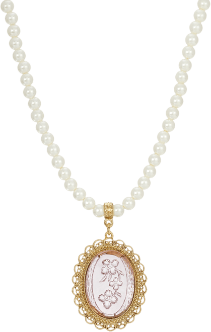 14K Gold-tone Light Purple Oval Intaglio Imitation Pearl Strand Necklace