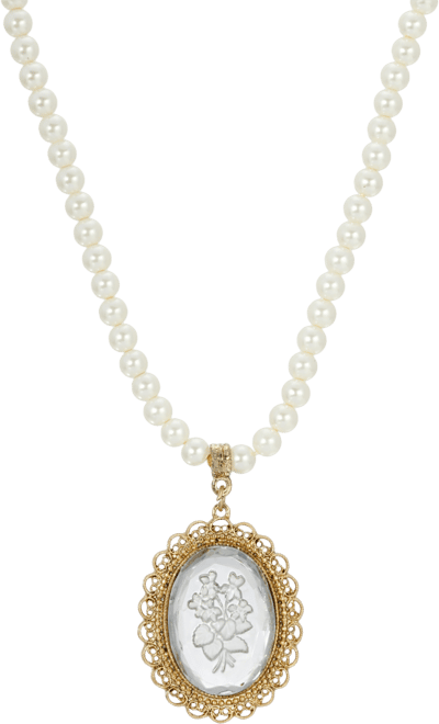 14K Gold-tone Clear Oval Intaglio Imitation Pearl Strand Necklace